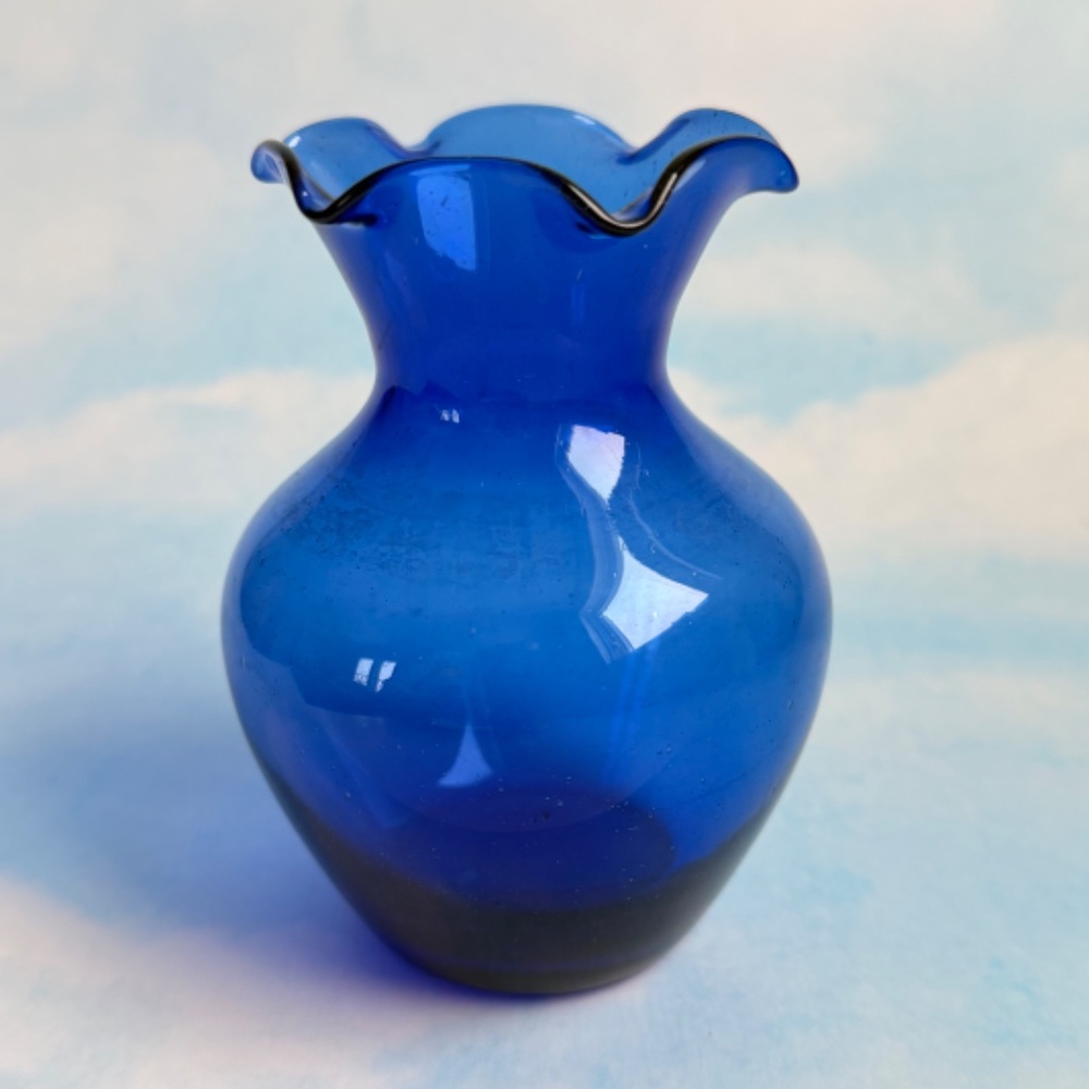 HANDMADE ARTISAN Bud Vase Cobalt Ruffled Rim 4-1/2"
